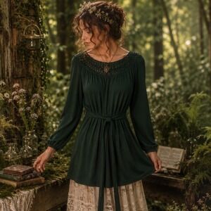 Banana Republic Forest Green Crochet Neck Belted Tunic Top Small Cottagecore
